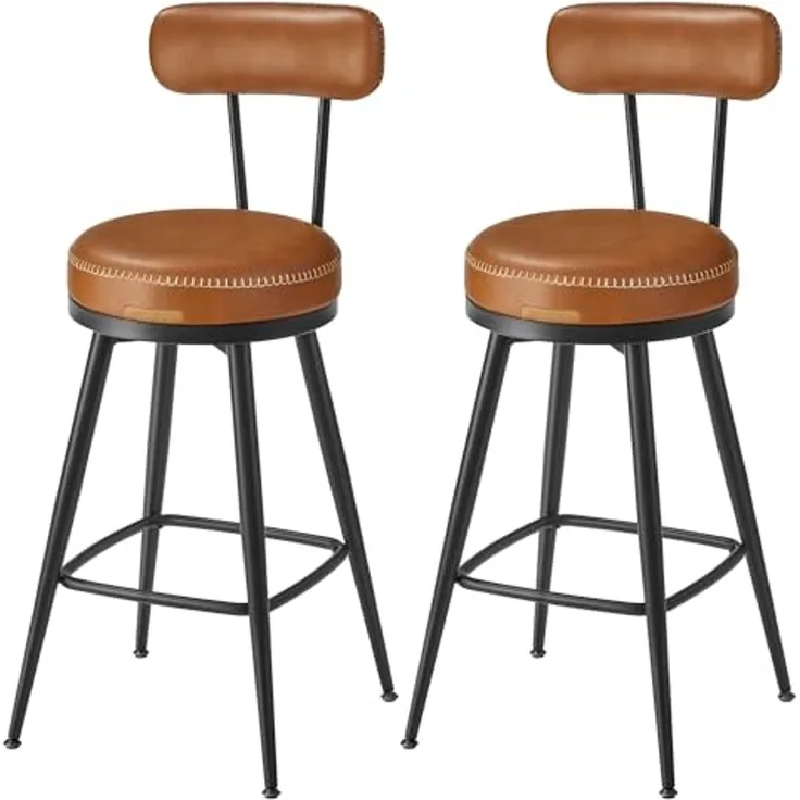 VASAGLE EKHO Kollektion - 360° drehbarer Barhocker, 2er Set, Hocker mit Rückenlehne für Kücheninsel, Kunstleder mit Nähten, Mid-Century-Modern-Stil, 65 cm hoch, Küche, Hausbar, karamellbraun