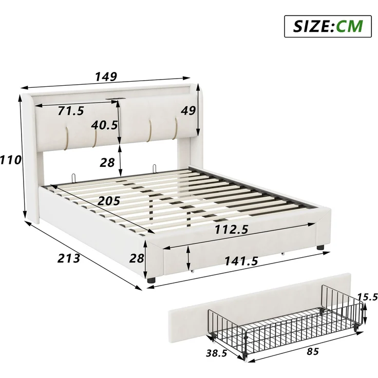 Pressure bed with storage function, light strip and USB charging port, double bed 140 * 200cm beige velvet European standard charger – Bild 2