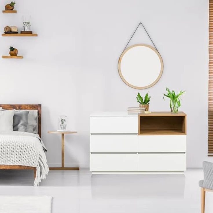 hjh LIVING Sideboard mit 5 Schubladen 120 x 40 x 76 cm MELMO S Schubladenkommode im skandinavischen Stil, griffloses Design, Weiß/Eiche – Bild 8