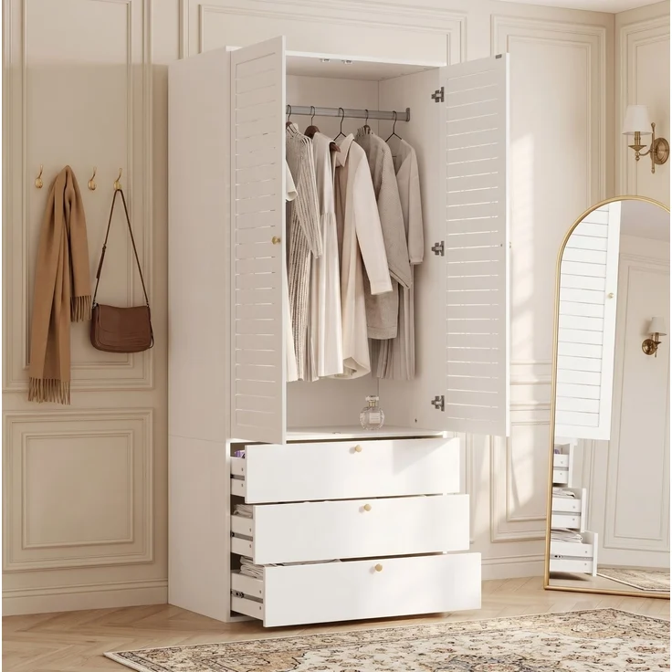 CHICFURN Kleiderschrank 90x200x50 cm aus Holzwerkstoff mit Lamellentüren und 3 Schubladen – Weiß – Bild 1