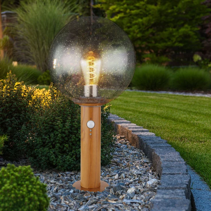 LED Sockellampe, Glaskugel, Holzoptik, Bewegungsmelder, H 38 cm – Bild 9