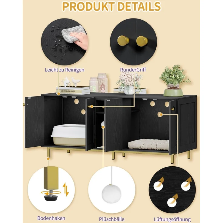 Katzenschrank für 2 Katzen, Katzenklo Schrank, Katzenhaus Versteckt mit Doppelräumen, Mit Stauraum, Plüschbälle, Kann als Fernsehschrank, 140 x 48 x 62 cm, Schwarz und Gold – Bild 3
