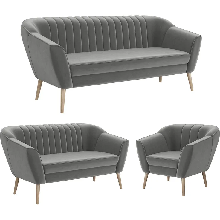MEBLINI Sofa-Set KAIA 3+2+1 - Hellgrau Samt - für Wohnzimmer - Mini Lounge für sechs Personen - Küchensofa - Sofa Klein - Sitzgarnitur - Polstergarnitur - Sofagarnituren