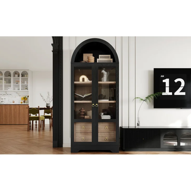 ZUBALIYA Highboard mit verstellbaren Regalböden und Schubladen / Küchenschrank mit transparentem Glas und großem Stauraum, mit ideal für Esszimmer und wohnzimmer und Küche (Schwarz) – Bild 4
