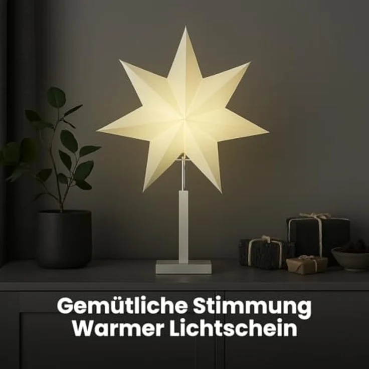 EGLO Tischlampe mit Weihnachtsstern, Dekostern beleuchtet aus Papier mit Holz-Sockel, 3D Fenster-Leuchtstern stehend in weiß mit Kabel, Tischleuchte Weihnachten, E14 Fassung, 70 cm – Bild 2