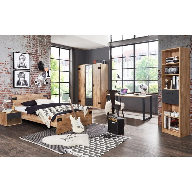 Kleiderschrank mit Spiegeltür EVERTON-43 in Plankeneiche mit Absetzungen in Graphit, B x H x T ca. 135 x 198 x 58cm – Bild 4