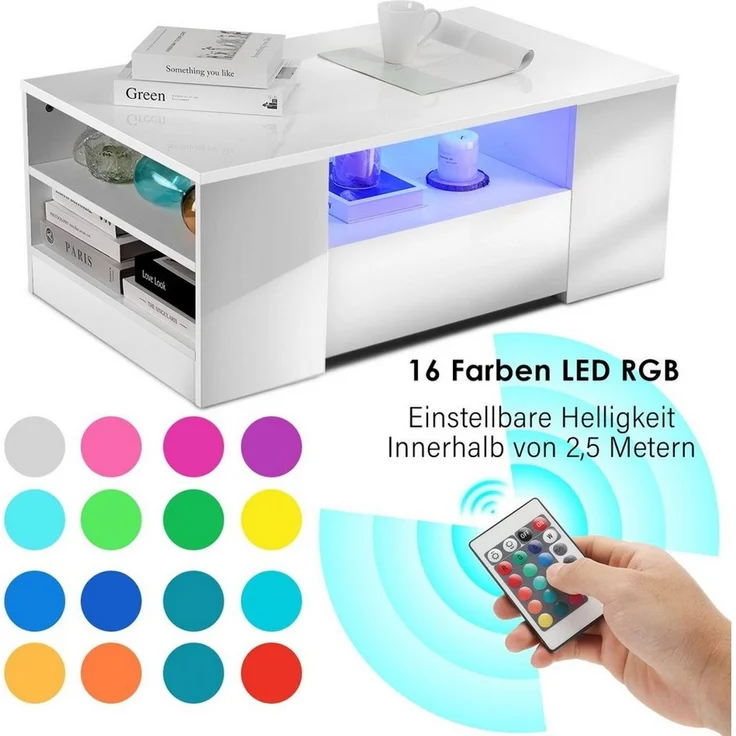 oyajia Couchtisch Hochglanz couchtisch Sofatisch mit LED-Beleuchtung Verstellbare Farben (1-St, Modern Sofatisch Wohnzimmertisch mit 2 Schublade und 2 Regalsofa), Beistelltisch, mit Stauraum, für Wohnzimmer, Schlafzimmer, 99x55x37cm – Bild 2