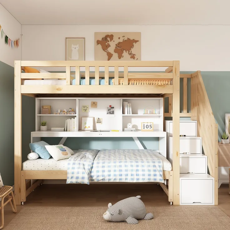 Hochbett Liegefläche 90/200 + 90/190 cm mit Ausziehbett, Schreibtisch, Regal, Weiß/Eiche, ohne Matratze