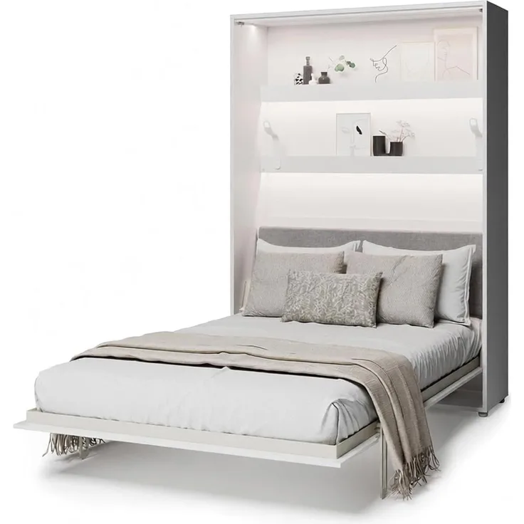 MEBLINI Elektrisches Schrankbett BC-36 - 140x200cm Vertikal - Weiß Hochglanz - Kopfteil Grau - Wandbett mit Lattenrost, Matratze und Kopfteil - Wandklappbett