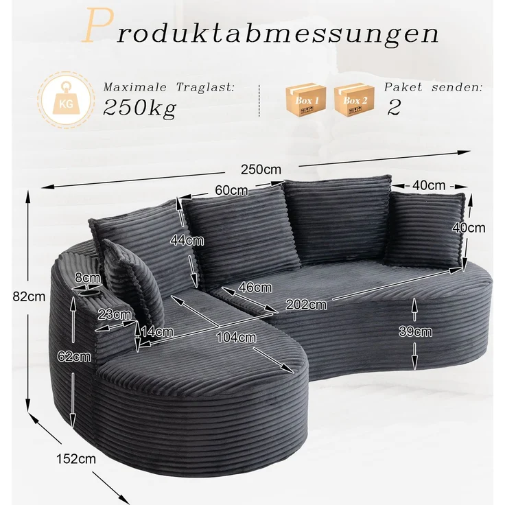 LVHOM Ecksofa L-Form, Cloud Sofa mit Tassenhalter und Seitentaschen, 3-Sitzer Sofa aus Cordstoff, kein Aufbau erforderlich, 250x152cm, Dunkelgrau – Bild 6