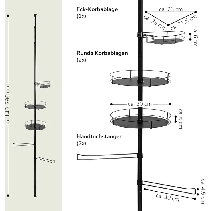 bremermann Teleskopregal Teleskop-Badregal, 3 Körbe, 2 Stangen, bis max. ca. 290 cm, schwarz – Bild 7