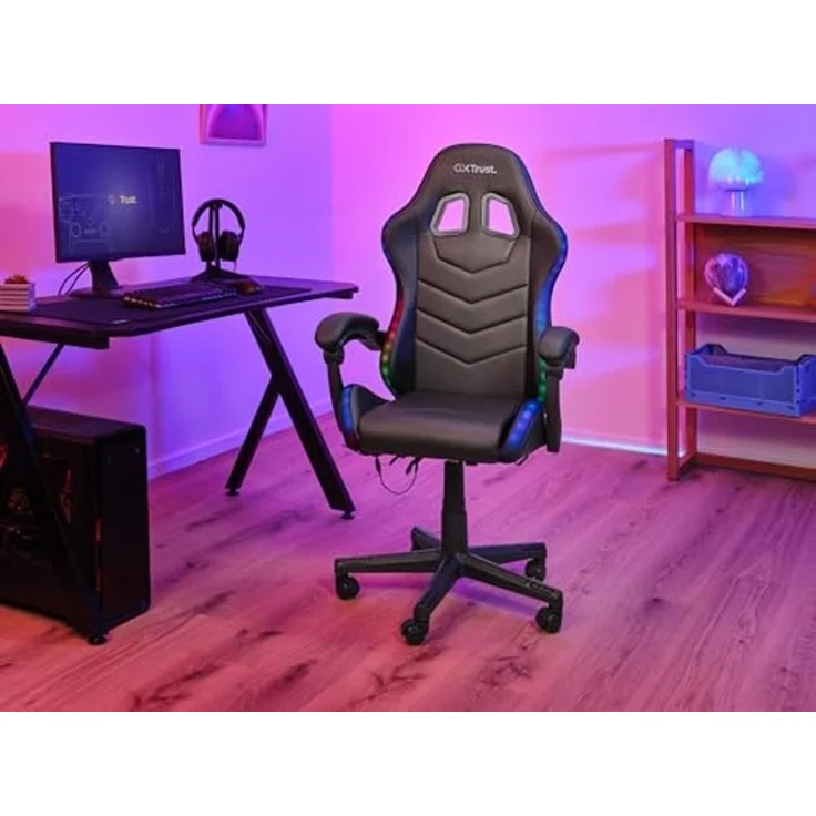 GXTrust 704 Roniq Gaming Stuhl LED, 178 Farben und Effekten, Gepolsterte Armlehnen, Verstellbare Höhe und Rückenlehne, Gaming Chair Schreibtischstuhl mit RGB-Beleuchtung, Schwarz – Bild 2