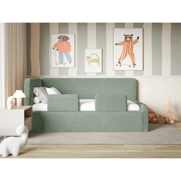 Selsey 'Fanko' Kinderbett 90x200 cm mit Rausfallschutz, Matratze, Kopfteil links, Plüsch, Salbeigrün – Bild 2