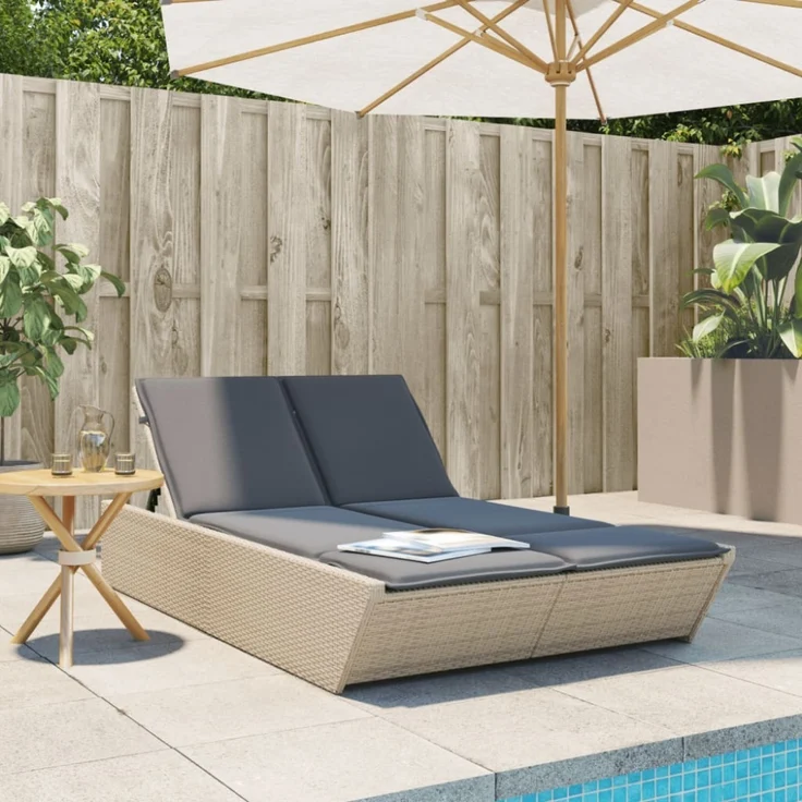 vidaXL Doppel-Sonnenliege mit Auflagen Beige Poly Rattan 368182 – Bild 1