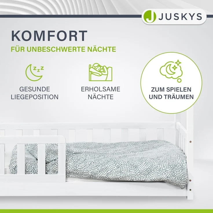 Juskys 'Marli' Kinderbett, mit Matratze, Rausfallschutz, Lattenrost & Dach - Massivholz Hausbett für Kinder - Bett in Weiß, 80x160 cm – Bild 2