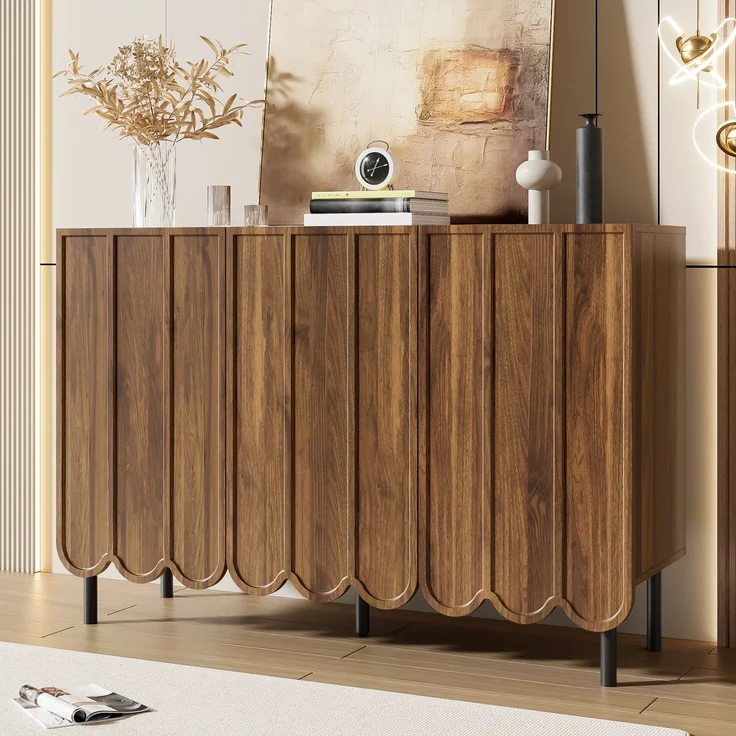 Modernes holzfarbenes Sideboard mit Wellentüren – 120x35x80 cm – grifflos, verstellbare Regale – Stauraum für Wohnzimmer, Flur & Esszimmer – Bild 7