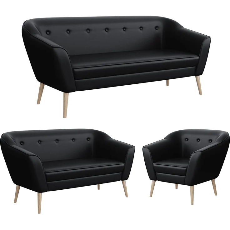 MEBLINI Sofa-Set DORIS 3+2+1 - Schwarz Kunstleder - für Wohnzimmer - Mini Lounge für sechs Personen - Küchensofa - Sofa Klein - Sitzgarnitur - Polstergarnitur - Sofagarnituren – Bild 1