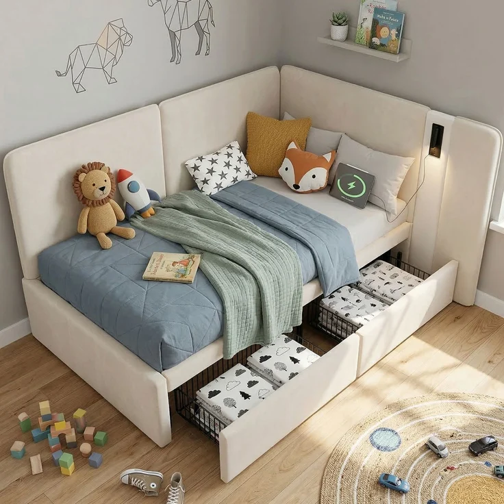 Merax Einzelbett, Kinderbett, Polsterbett, 90x200 cm Daybett, mit 2 Schubladen Aufladen Leselampe, Samt, beige – Bild 3