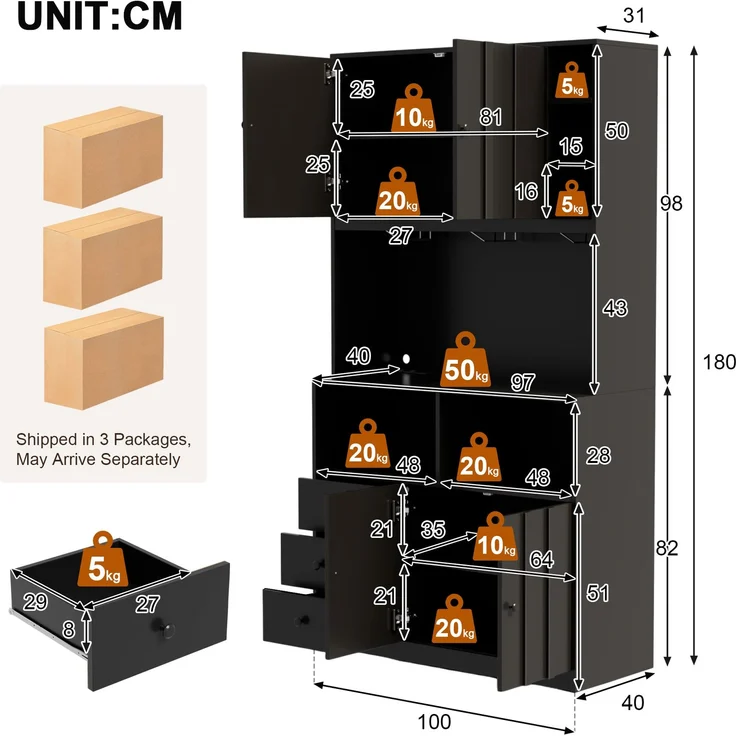 180 cm Küchenschrank, Hochschrank mit LED, Küchenregal mit Steckdose, Weinregal und Vitrine für Küche & Esszimmer--Schwarz--100x40x180cm--YOUDENOVA – Bild 3