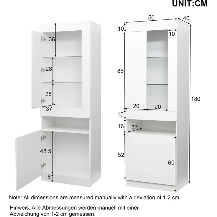 Vitrine mit LED Beleuchtung Vitrinenschrank Standvitrine Stauraumvitrine Schrank Wohnzimmerschran Weiß LED Vitrine Wohnzimmer Wohnwände LED Vitrinenschränke LED Schränke Buffet-Schran--Weiß--50x40x180cm--YOUDENOVA – Bild 2
