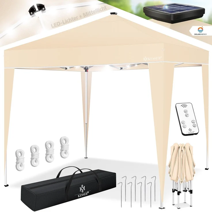 KESSER® Faltpavillon mit Tasche und Beleuchtung, wasserdicht und UV-Schutz 50+, Metall / Polyester beige, 300x300 cm – Bild 1