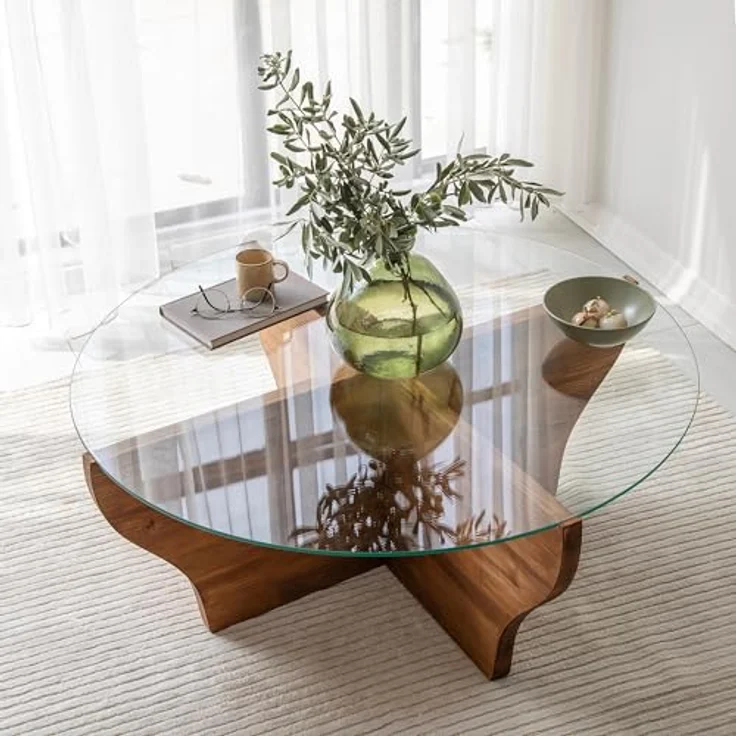 Modern Coffee Table, Chestnut Color, 92 x 36 x 92 cm | 100% Tempered Glass Top, 100% Pine Solid Wood Frame | Stylish & Functional for Living Spaces – Bild 6