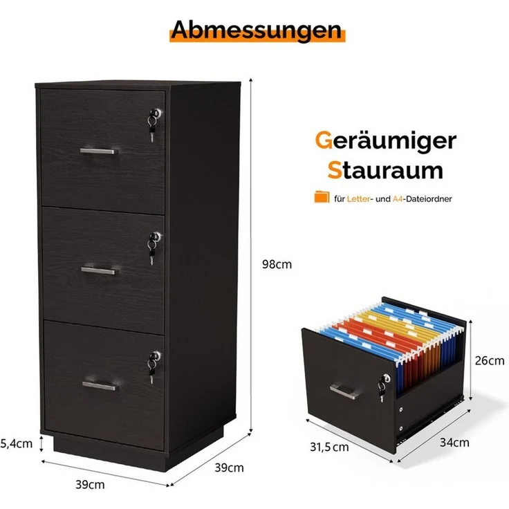 VINGLI Aktenschrank mit 3 Schubladen, Büroschrank abschließbar, 39 x 39 x 98 cm verstellbare Hängestange für A4 und Letter, Druckerständer Holz – Bild 3