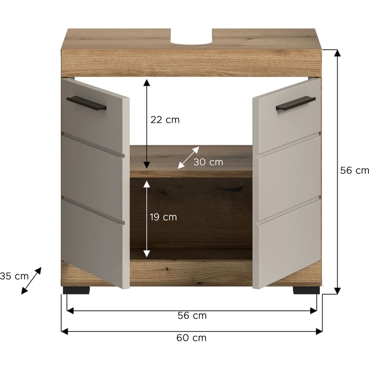Waschbeckenunterschrank B/H/T: 60x56x34 cm in Evoak Oak Nachbildung – Bild 4