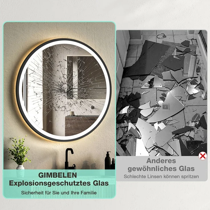 GIMBELEN LED Badezimmerspiegel 60 cm, runder Wandspiegel mit Beleuchtung, 3 Lichtfarben, dimmbar, Memory-Funktion, HD-Sicherheitsglas, IP44, Schwarz – Bild 3