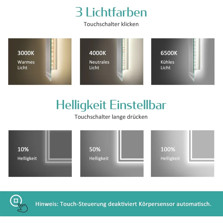 EMKE Badspiegel mit Beleuchtung, Bewegungssensor, 70x50cm, LED Kaltweißes/Neutral/Warmweißes Licht, Dimmbar, Beschlagfrei, Touch, IP44 Wandspiegel – Bild 2