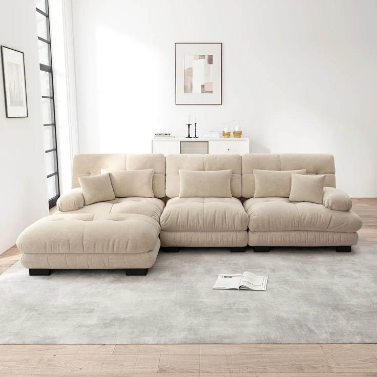 Modulares Sofa aus Chenille 313x145x81 cm mit runden Armlehnen und Ottomane, beige – Bild 1