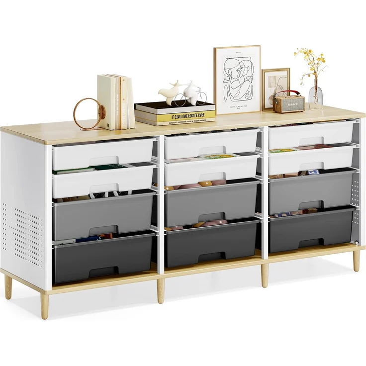 KINGRACK 12 Kommode – Mit Einer Tischplatte aus Holz Multifunktionaler Komodenschrank für Zuhause & Büro, Platzsparendes Design, Einfache Montage (Grau) – Bild 1