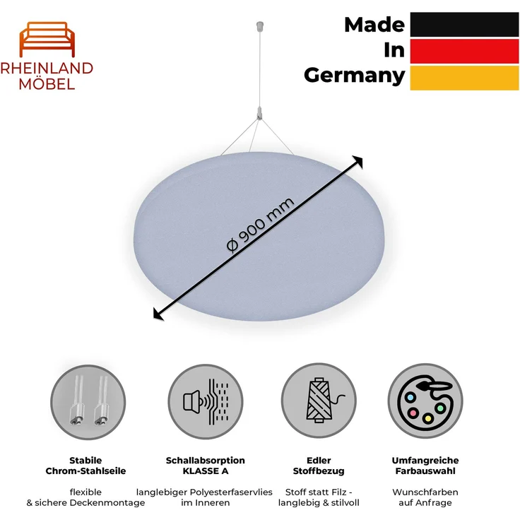 Rheinland Möbel FocusWall DAR09 – Runder Akustik-Deckenabsorber Ø 90 cm in Stofffarbe Rum inkl. Chrom-Stahlseilen - Made in Germany - Klasse A, Stoffbezug, schwer entflammbar – Bild 2