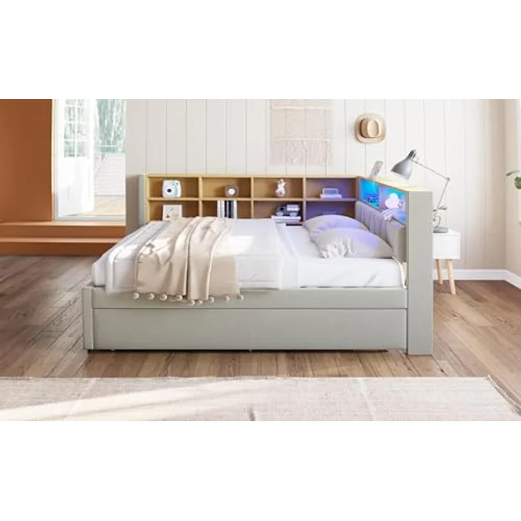 Ball & Cast Schlafsofa (140x200cm & 90 * 190cm) Tagesbett mit USB-Anschlüssen und Leuchten, Einzelbett mit Mehreren Ablagefächern, Ohne Matratze, Hellgrau – Bild 5