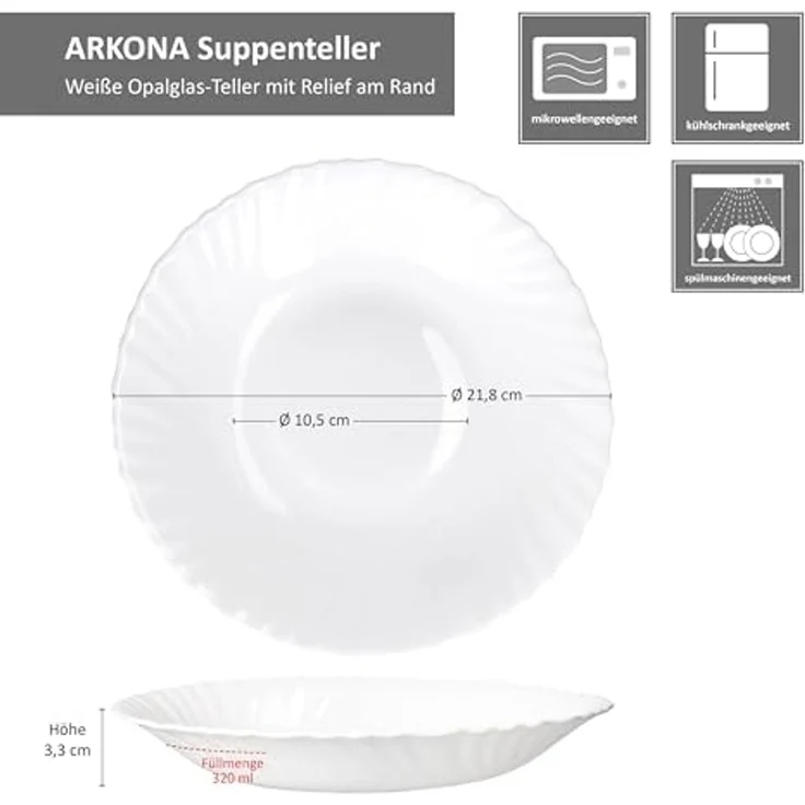 MamboCat Suppenteller 6x Suppenteller Arkona Opalglas 320ml 21,8cm weiß Teller tief – Bild 6