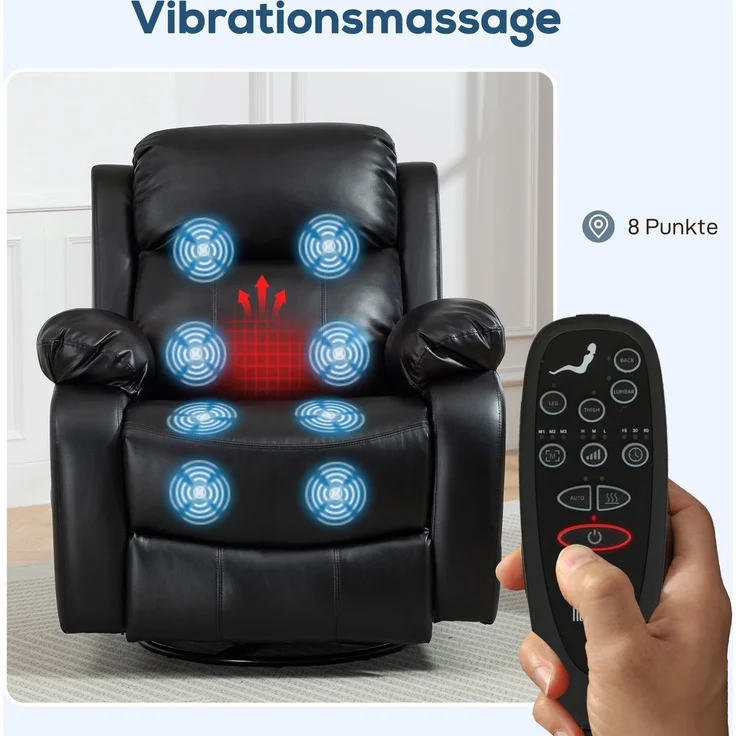 Wohnora-Massagesessel mit 8 Vibrationsköpfen, Relaxsessel, verstellbare Rückenlehne + Fußstütze, Schwarz,H 1000cm x T 980cm x B 920cm – Bild 5