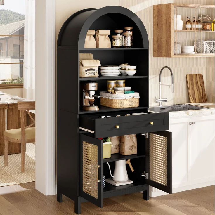 DESVIAE Vitrine Schwarz-Holzoptik – 70x170x40 cm – Rattantüren, Schublade – Bild 2