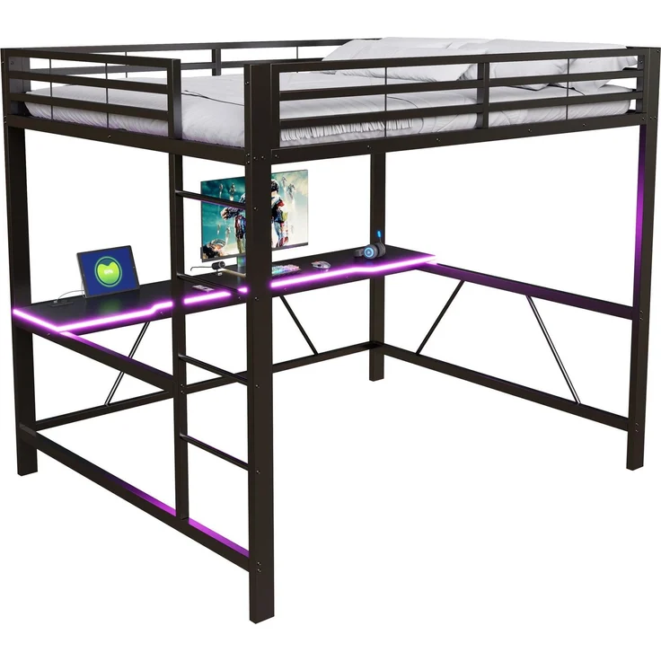 Hochbett mit RGB LED-Streifen, Schreibtisch, Trittleiter, Lattenrost, Steckdose, USB und Type-C, 160x200 cm, Kinderbett mit Rausfallschutz, Metallbett – Bild 5