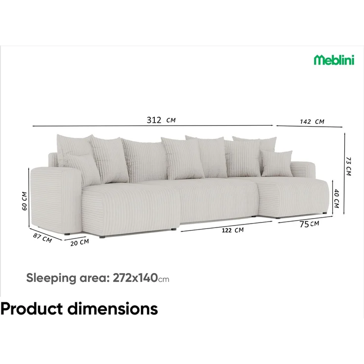MEBLINI Schlafcouch mit Bettkasten - 312x142x73cm - Dunkelgrau Cordstoff - DAVE - Ecksofa mit Schlaffunktion - Sofa mit Relaxfunktion und Kopfstützen - Couch U-Form - Eckcouch - Wohnlandschaft – Bild 7