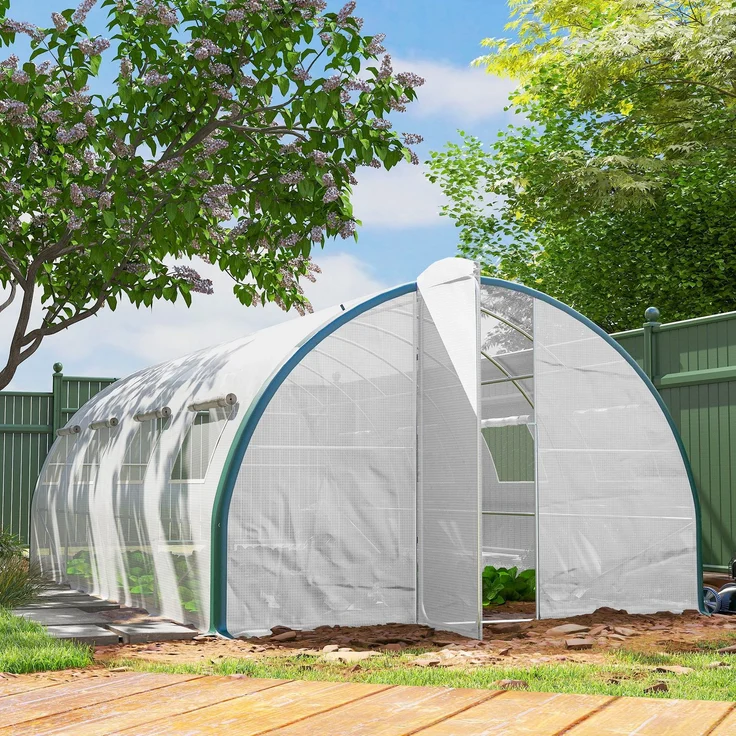 Wohnora-18 m² großes Gartentunnelgewächshaus mit Türen und 8 Fenstern, 140 g/m² PE-Folie, 600 x 300 x 200 cm, weiß,H 2000cm x T 1195cm x B 3000cm – Bild 2