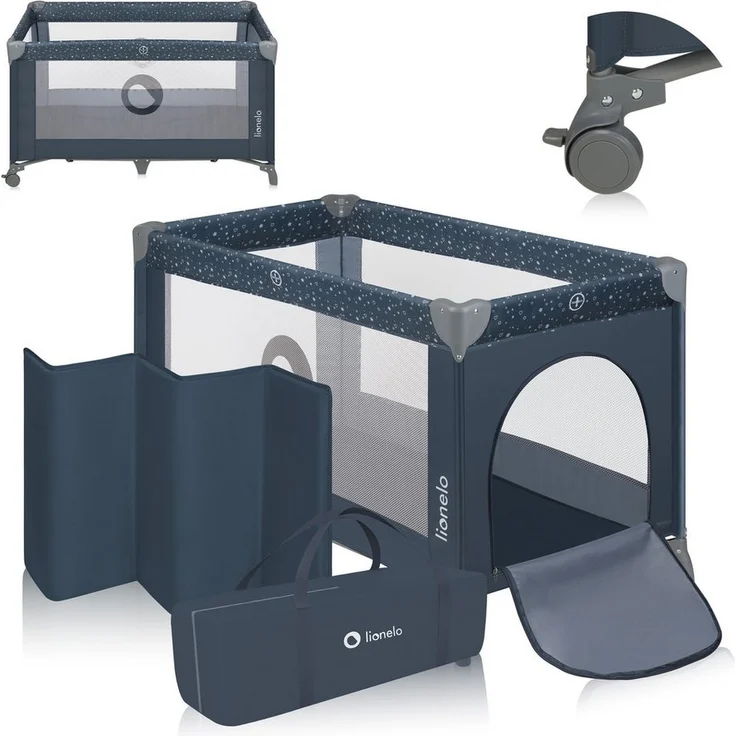Lionelo Stefi Baby Kinderbett, Reisebett ab Geburt bis 15 kg, Seiteneingang, Sicherungssystem LockGuard, Blockade der Räder, Tragetasche, zusammenklappbar – Bild 1