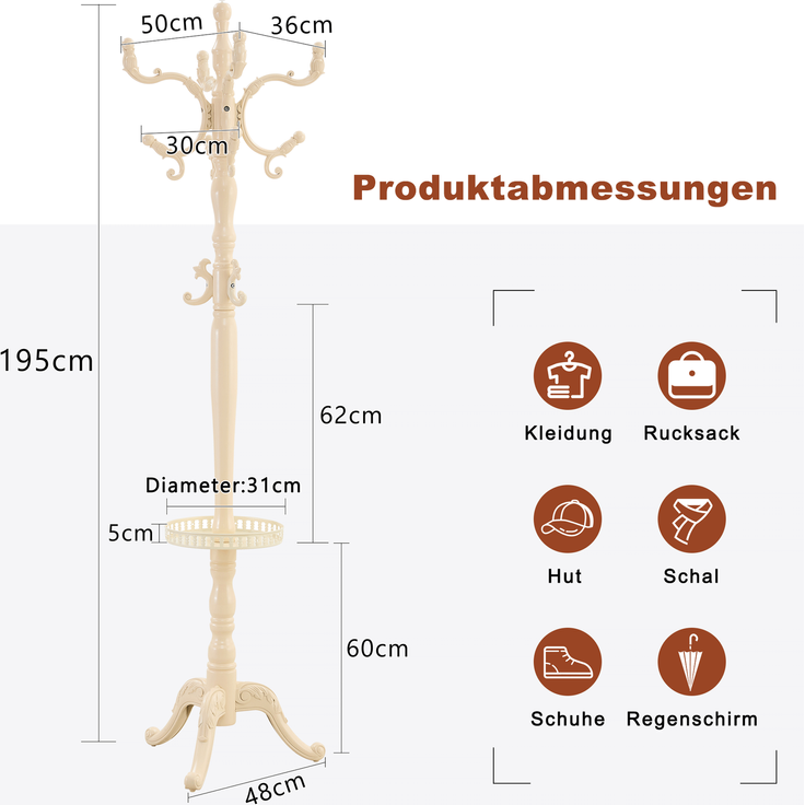 Kleiderständer 195x50x48 cm, cremeweißes Massivholz mit Mehrfachhaken – Bild 4