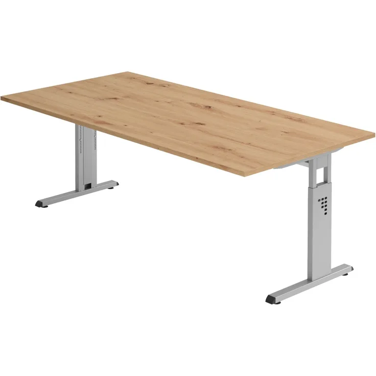 bümö höhenverstellbarer Schreibtisch O-Serie 200x100 cm in Asteiche, Gestell in Silber - großer PC Tisch für's Büro manuell höhenverstellbar, Computertisch verstellbar, OS-2E-R-S