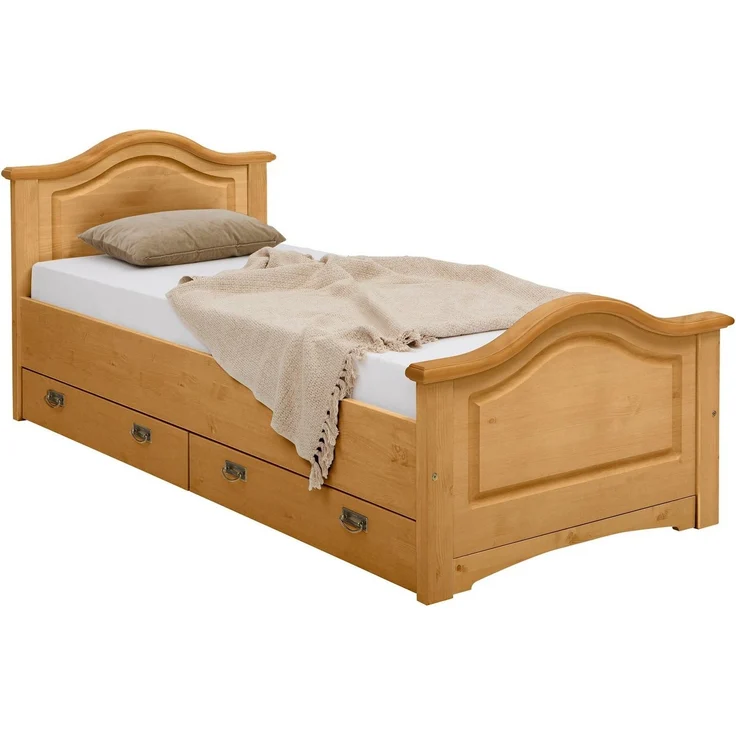 Home affaire Massivholzbett Konrad, Stauraumbett, Messinggriffe, rustikaler Landhausstil, inklusive 2 Schubladen, zertifiziertes Massivholz – Bild 1