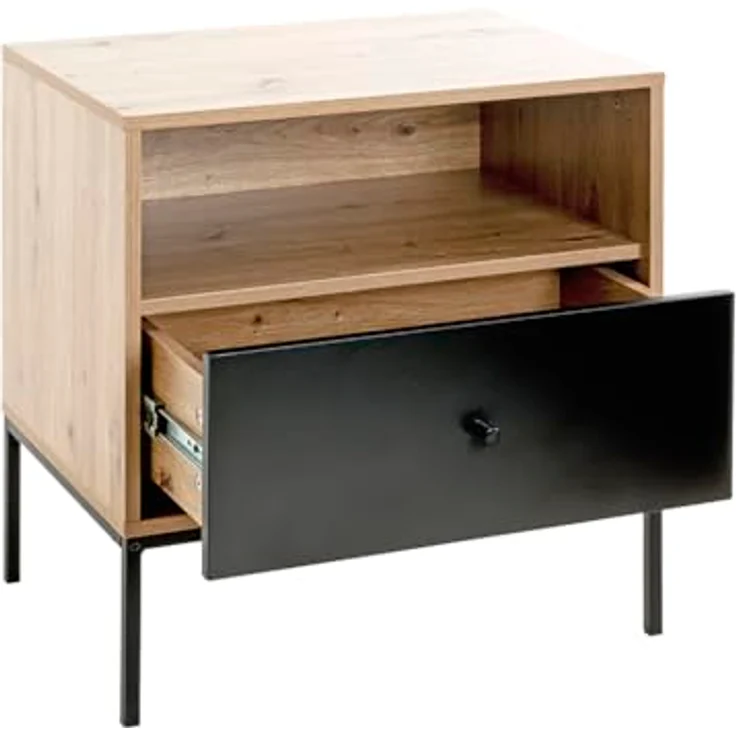 XXXL Beistelltisch Schwarz, Eiche, Metall, mit 1 Schublade und offenem Fach, rechteckig, 42x60x55 cm – Bild 7
