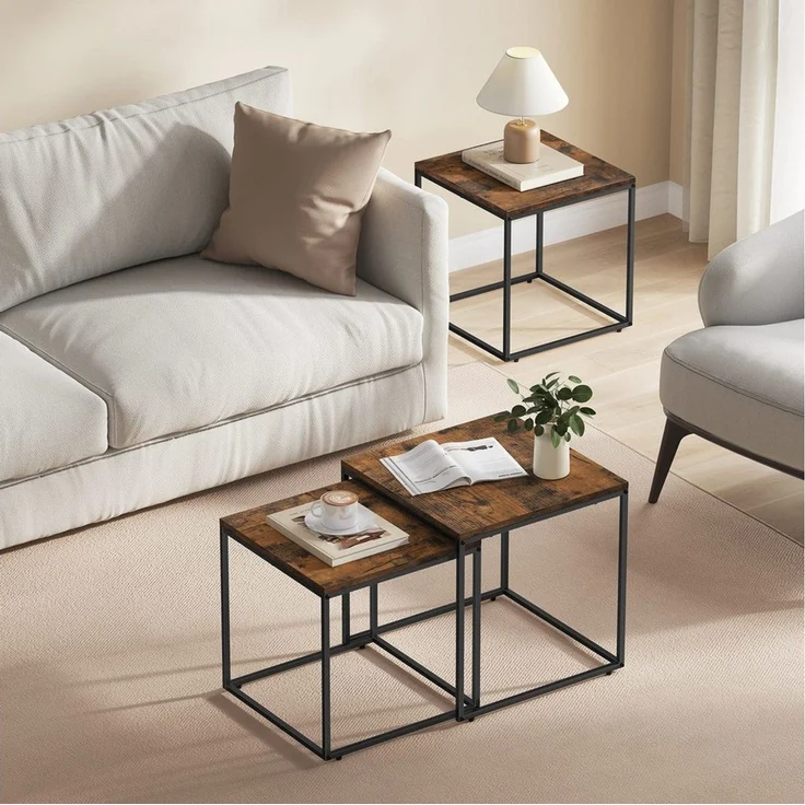 Home Collective Couchtisch 2er Set Beistelltisch Loft Design 2in1 Verschachtelung Wohnzimmer, kratzfeste Oberfläche 50&45cm Rustikal schwarzen Beinen quadratisch – Bild 2