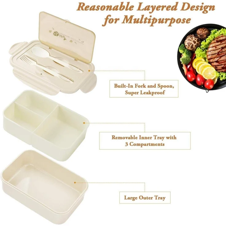 Brotdose Bento Box 3 Fächer Besteck Auslaufsicher Schule Braun – Bild 2
