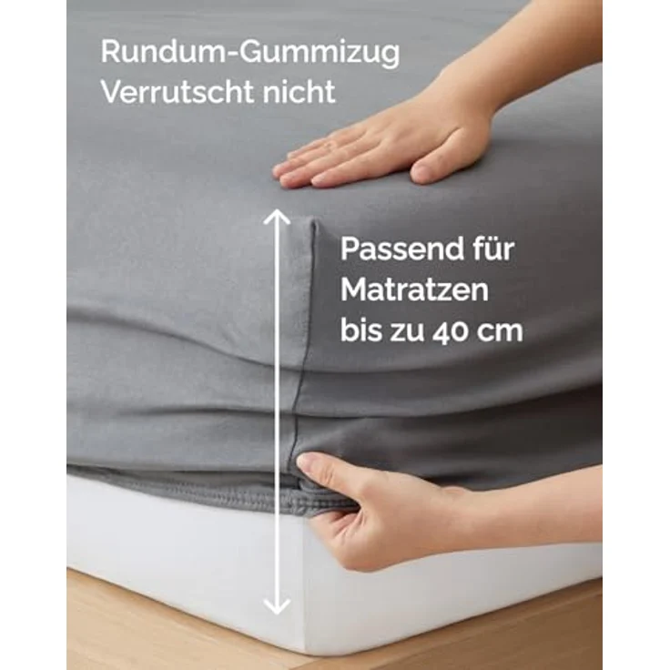 Spannbettlaken Jersey 140x200 - Baumwolle Boxspringbett 40cm - Dunkelgrau | Spannbetttuch, Rundumgummi, Dehnbar, Weich, Atmungsaktiv, Knitterfrei, Pflegeleicht, Baumwoll-Jersey, Bis 40cm, OEKO-TEX – Bild 5