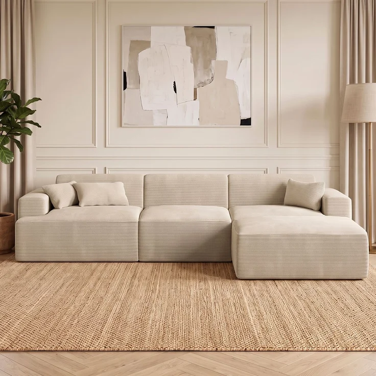 skølm 'Freki' Cloud Sofa 3 Sitzer mit Hocker, Vollschaumcouch mit Federkern und Vakuum-Kompression, kein Aufbau erforderlich, mit 3 Kissen, Cord beige – Bild 1