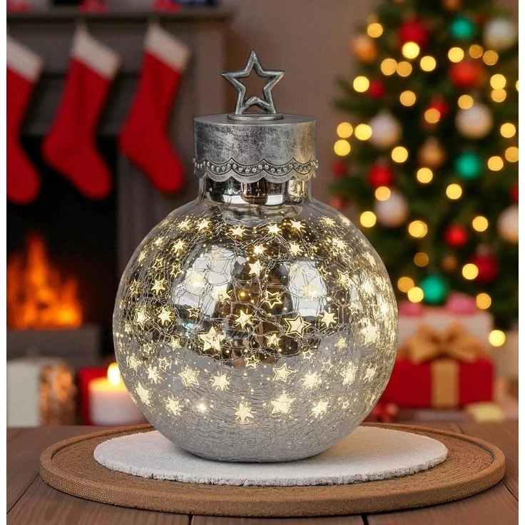 formano LED Deko-Kugel 30cm Silber Sterne Glaskugel mit Timer 6h/18h beleuchtet - Herbst Winter Weihnachtsdeko für Tisch Regal Fensterbank – Bild 3